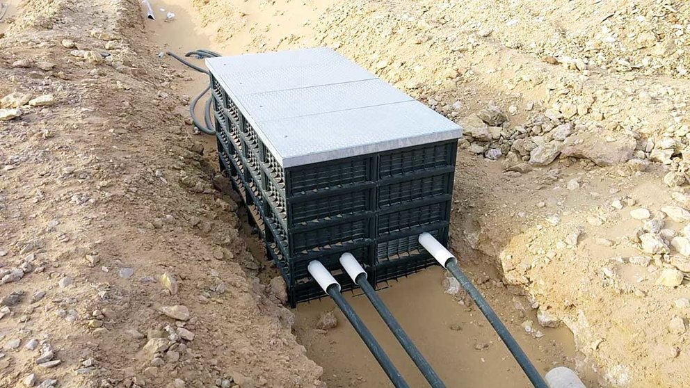Arquetas para la canalización eléctrica y telecomunicaciones de la empresa Hidrostank en el parque de Arabia Saudita.