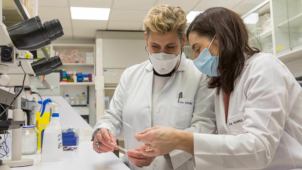 Las investigadoras Ana Patiño y Marta Alonso, en el Laboratorio de Terapias Avanzadas para Tumores Sólidos Pediátricos de la Clínica Universidad de Navarra y el Cima