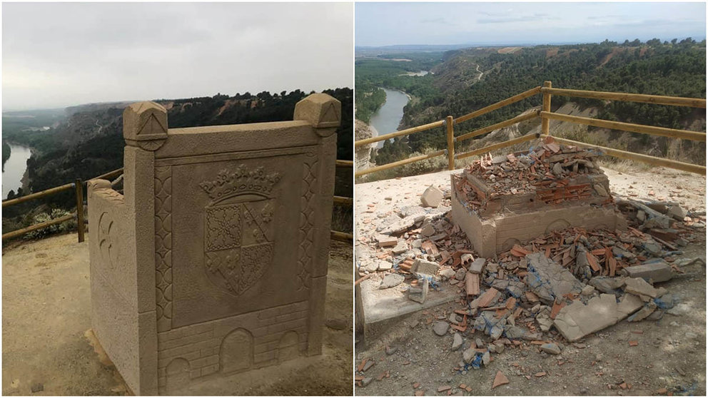 Imagen del trono mirador en el Barranco del Rey de Funes destruido - AYUNTAMIENTO DE FUNES