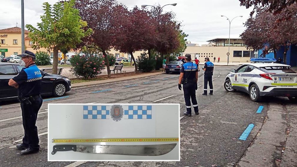 Montaje con un control de la Policía Local de Tudela y el machete que intervinieron a una persona por la calle CEDIDAS