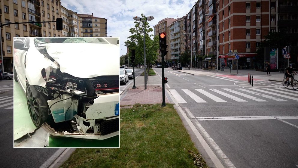 Zona del atropello mortal en Avenida Bayona con Martín Azpilicueta en Pamplona. A la izquierda, un detalle del vehículo que segó la vida de Pablo Salinas. MIGUEL OSÉS