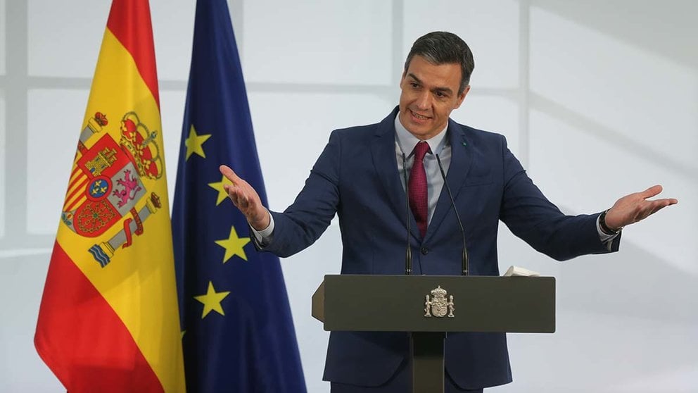 El presidente del Gobierno, Pedro Sánchez, interviene durante un acto en La Moncloa. I.Infantes / Europa Press