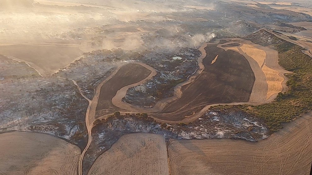 Imagen aérea tomada del incendio que ha afectado al Vedado de Eguaras, en las Bardenas Reales. GOBIERNO DE NAVARRA