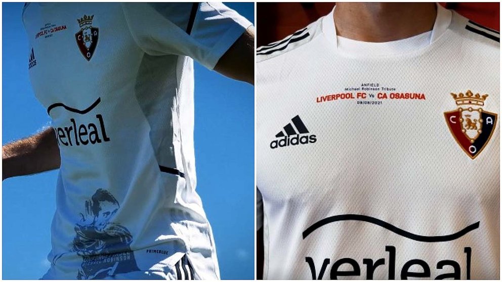 La camiseta diseñada por Adidas que lucirá Osasuna en Alfield para medirse al Liverpool en el homenaje a Michael Robinson. CEDIDA