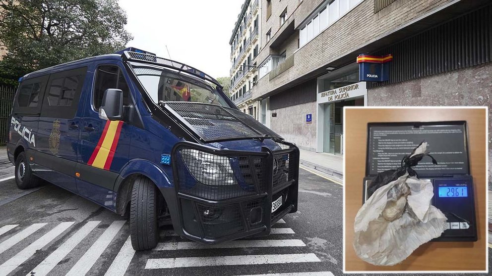 Montaje de la comisaría de Pamplona y sustancia incautada al detenido. POLICÍA NACIONAL