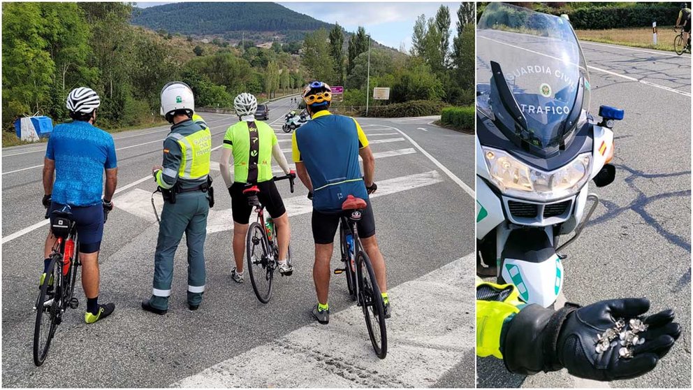 Agentes de la Guardia Civil auxilian a los ciclistas que han sufrido decenas de pinchazos por las chinchetas (derechas) esparcidas por la calzada en la N-135.. GUARDIA CIVIL