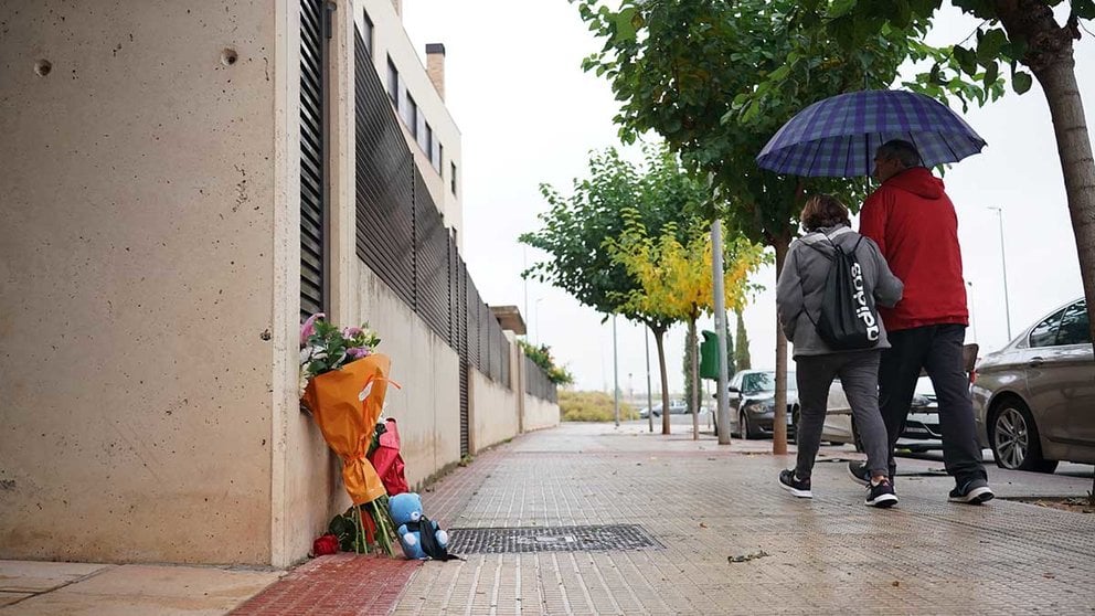 Dos personas pasan al lado de una vía con ramos de flores y un peluche en recuerdo al niño de 9 años asesinado en Lardero
Iñaki Berasaluce / Europa Press