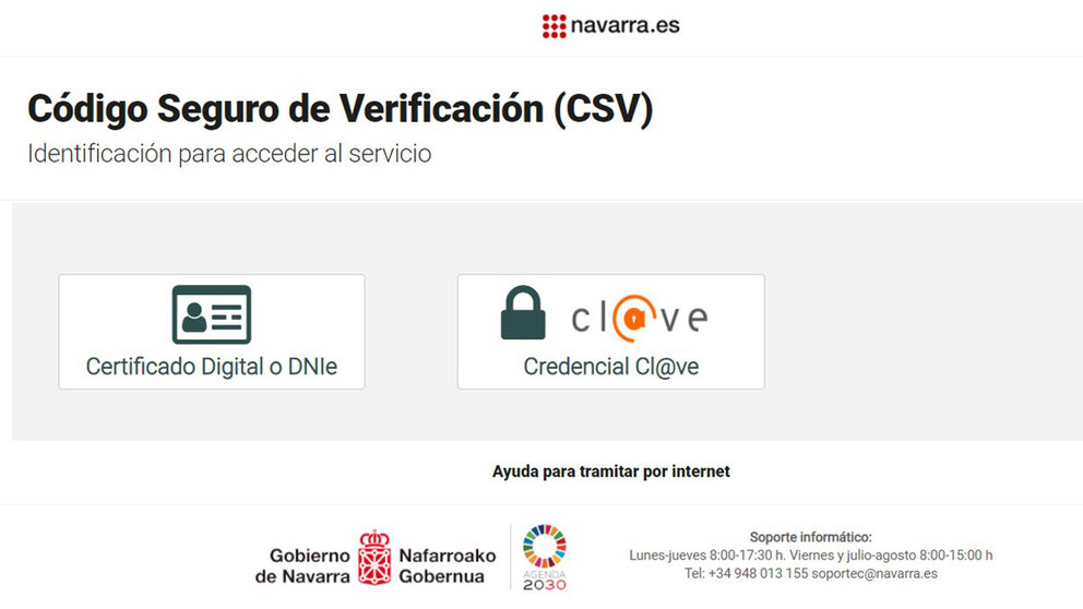 Pantalla de identificación para acceder al servicio de verificación de documentos indicando el código CSV que está integrado en Ateka. GOBIERNO DE NAVARRA