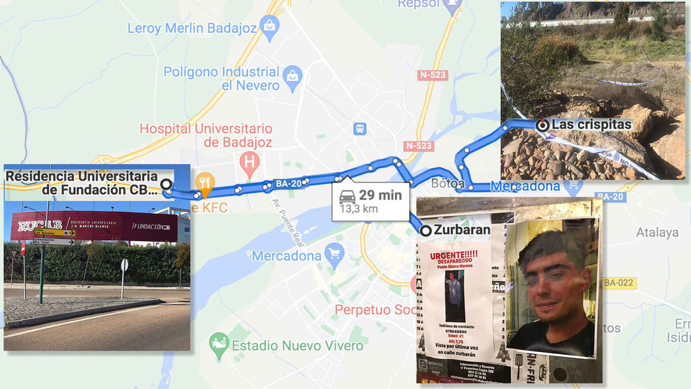 Mapa de Badajoz con los tres lugares claves en el caso. Esteban Palazuelos
