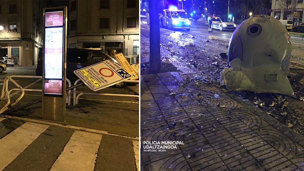 Dos de los accidentes registrados en Pamplona durante las últimas horas y que se han saldado con grandes daños materiales. POLICÍA MUNICIPAL