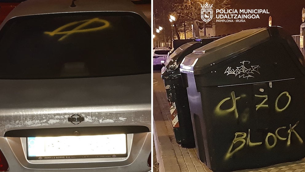 Un vehículo y un contenedor pintados con espray en Arrosadia. POLICÍA MUNICIPAL DE PAMPLONA
