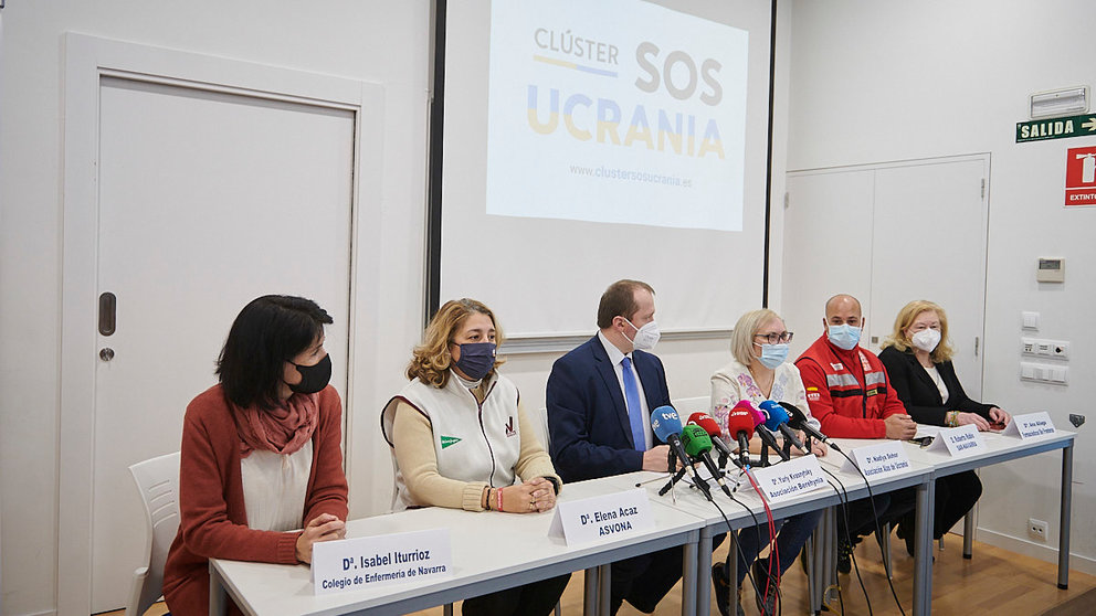 Presentación del clúster 'SOS Ucrania', para brindar ayuda humanitaria desde Pamplona a las personas refugiadas y damnificadas por el conflicto. PABLO LASAOSA