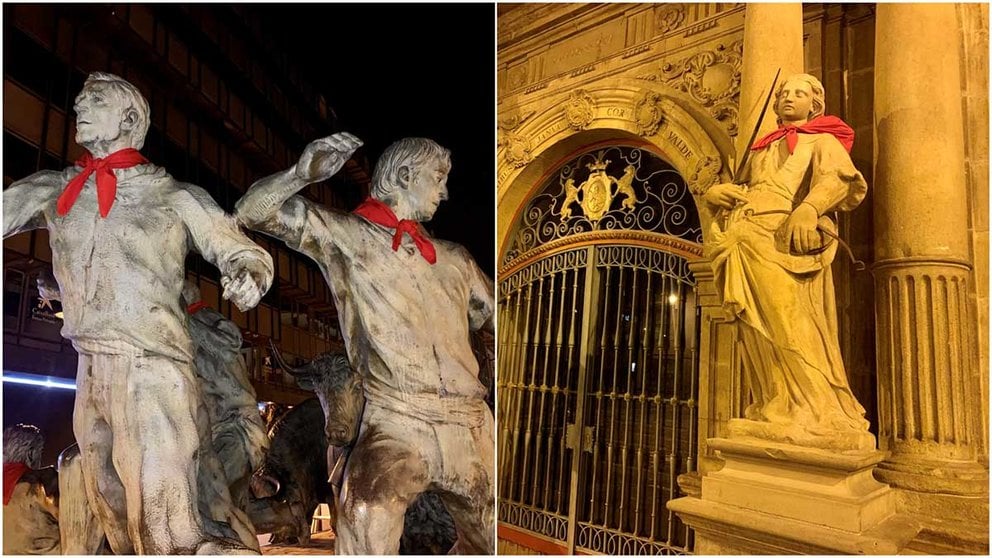La estatua del encierro en la calle Roncesvalles y la Justicia, de la plaza consistorial, con el pañuelo rojo de San fermín anudado.