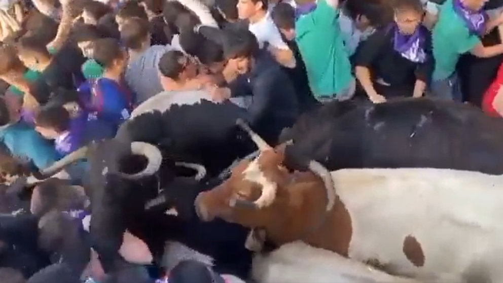 Momento del montón que se ha producido en el callejón de la plaza de toros de Mondragón durante el encierro. TWITTER