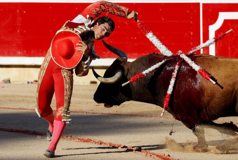 El diestro Jesús Enrique Colombo durante la lidia del tercer toro de la tarde en la sexta de abono de la Feria del Toro de los Sanfermines 2022 con toros de la ganadería gaditana de Cebada Gago. REUTERS / Juan Medina