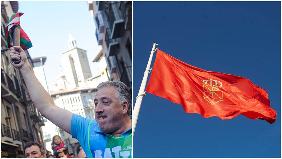 Joseba Asirón corre por Pamplona con una ikurriña. A la derecha, la bandera de Navarra de la plaza de los Fueros.