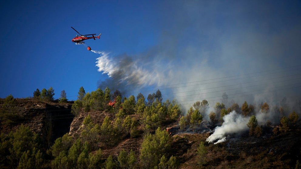 Medios aéreos tratan de apagar un incendio forestal en el monte San Cristobal. PABLO LASAOSA