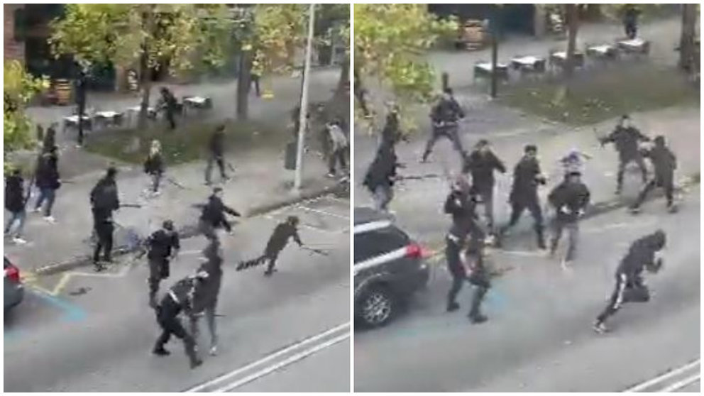 Batalla campal entre el grupo Indar Gorri de Osasuna contra ultras del Valladolid en la calle Tajonar.