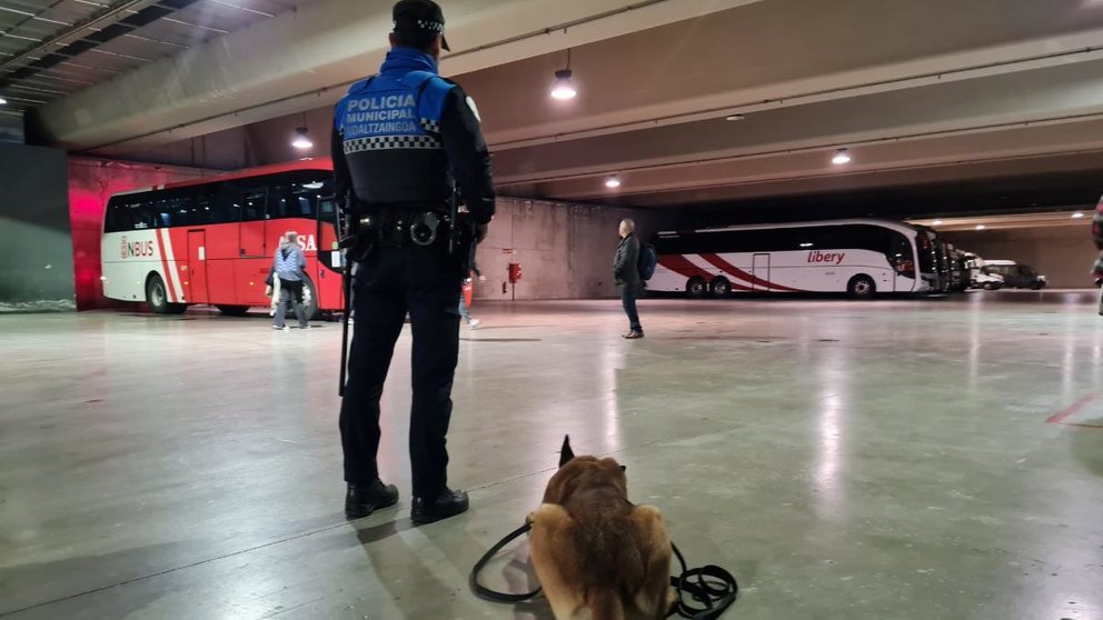 Un perro de la unidad canina de la Policía Municipal de Pamplona vigila la estación de autobuses. ARCHIVO