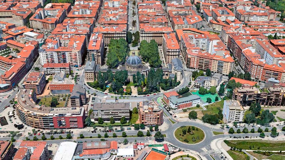 Vista aérea del II Ensanche de Pamplona, en la zona de Monjardín, Monumento a los Caídos o la calle Amaya. GOOGLE EARTH