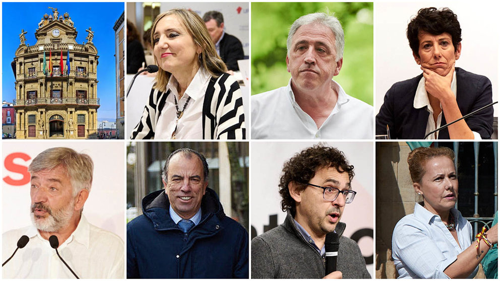 Todos los candidatos de Pamplona de los partidos más importantes: Cristina Ibarrola (UPN), Joseba Asirón (Bildu), Elma Sáiz (PSN), Koldo Martínez (Geroa Bai), Carlos García Adanero (PP), Txema Mauleón (Contigo Navarra) y María Estévez (Vox).
