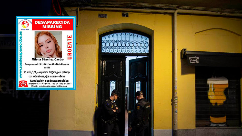 Dos policías en el portal donde ocurrieron los hechos. A la izquierda, una imagen en la que se alertaba de la desaparición de Milena.