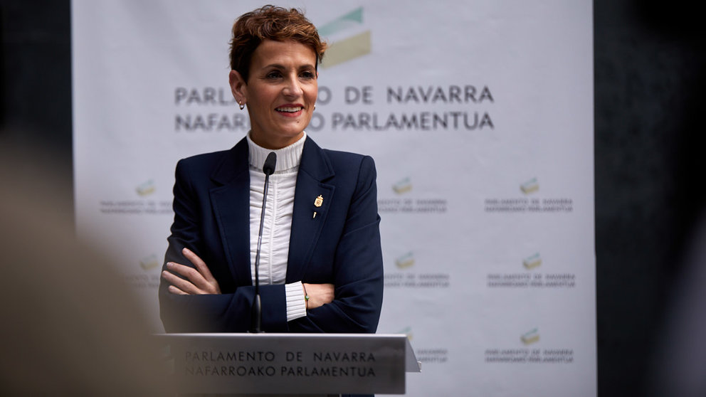 La presidenta del Gobierno de Navarra, María Chivite, anuncia el traspaso de las competencias de tráfico para la Comunidad Foral a partir del 1 de julio. IÑIGO ALZUGARAY