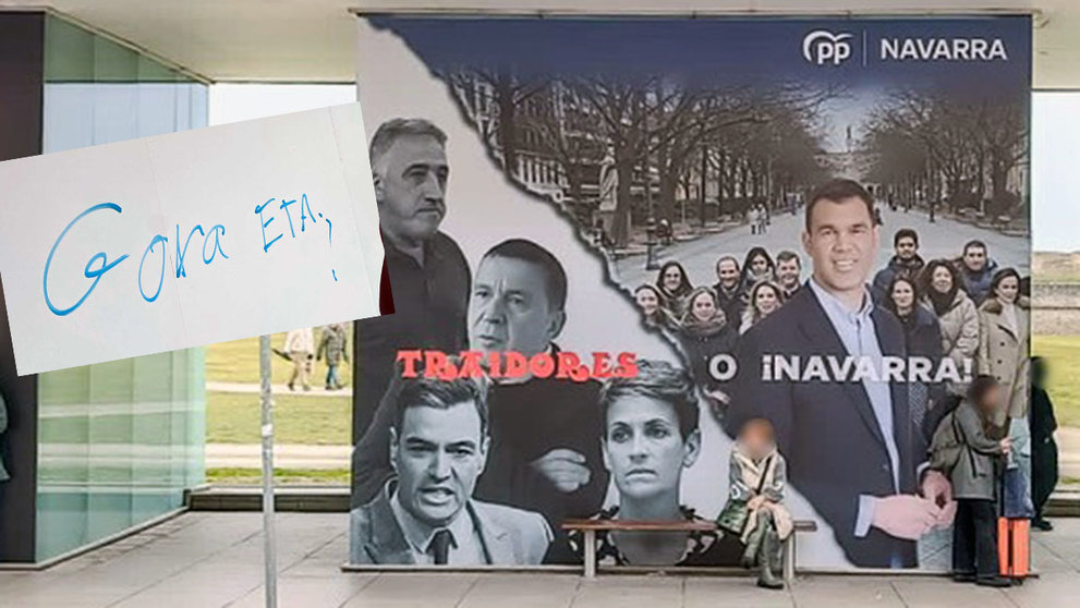 Aparece una pintada de 'Gora ETA' sobre el cartel electoral del PP en Pamplona.