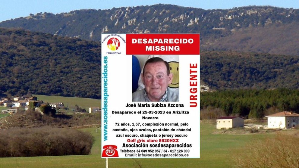 Cartel de la alerta de desaparecido sobre un fondo de la localidad de Ariz en el concejo de Iza.