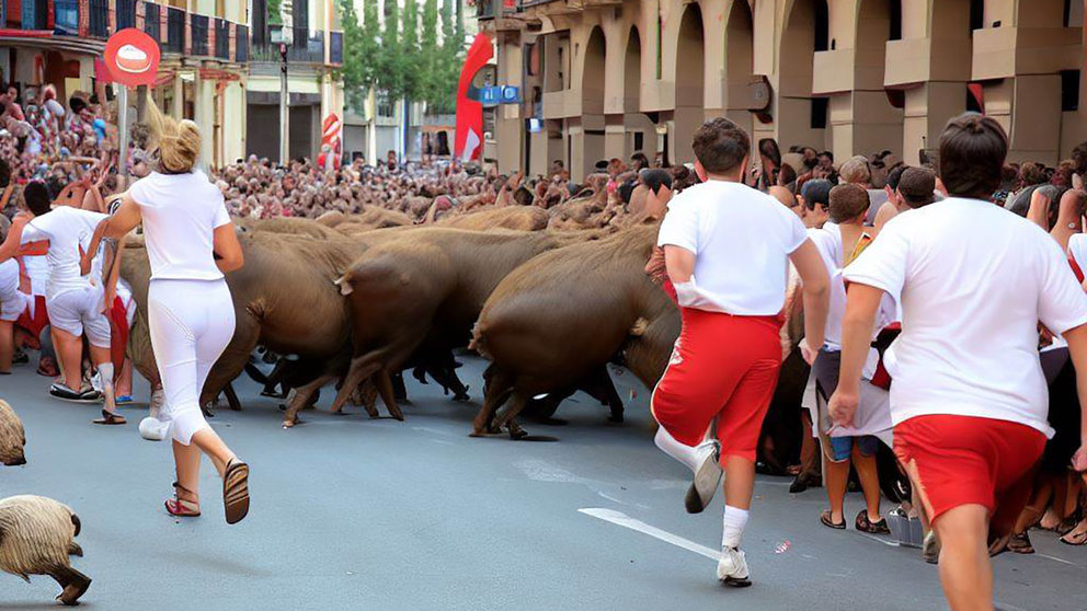 Un encierro de San Fermín con capibaras en vez de toros, en una imagen creada por Inteligencia Artificial por @SpanishAI en Twitter.