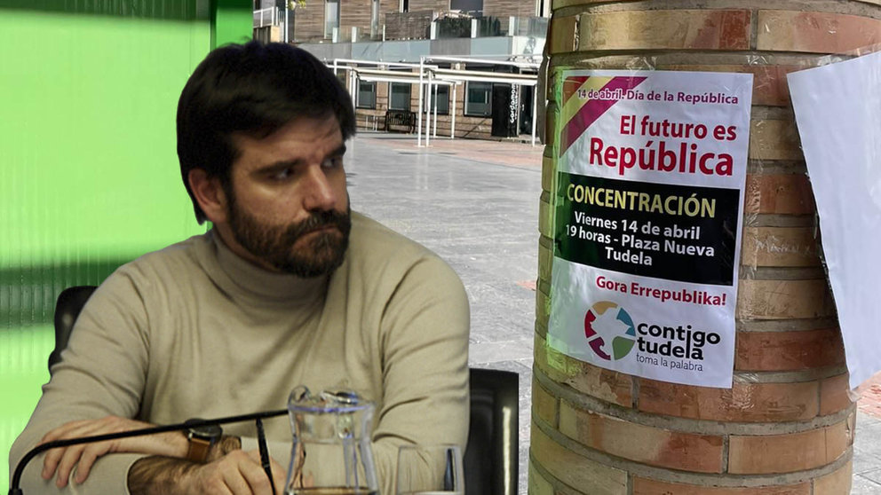 Eneko Larrarte, candidato de Contigo Navarra para Tudela, en una imagen junto a los carteles que han colocado en Tudela.