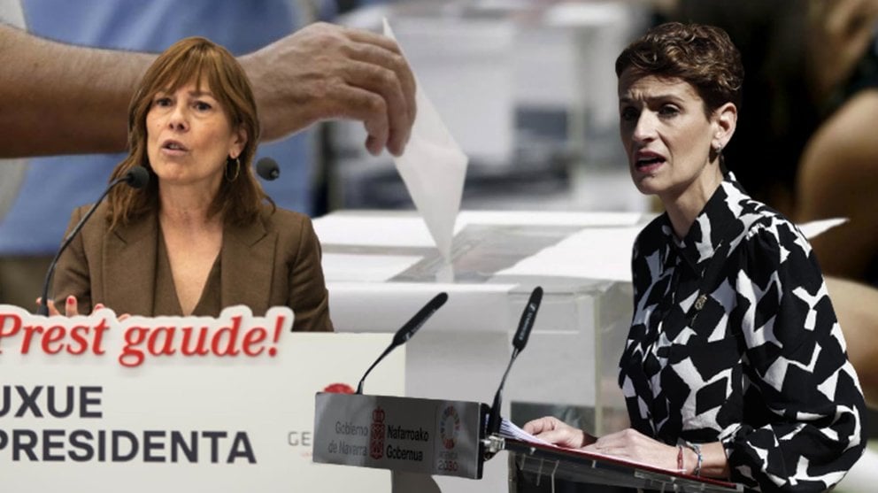 Uxue Barkos y María Chivite, en una imagen de archivo junto a una urna electoral. ARCHIVO