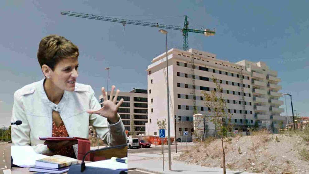 Fotomontaje de María Chivite sobre un edificio de viviendas en construcción.