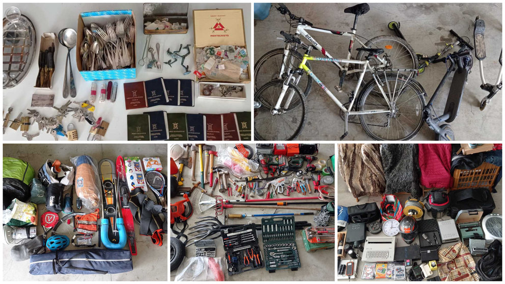 Cinco imágenes de los artículos robados que han sido recuperados por la Policía Foral. POLICÍA FORAL
