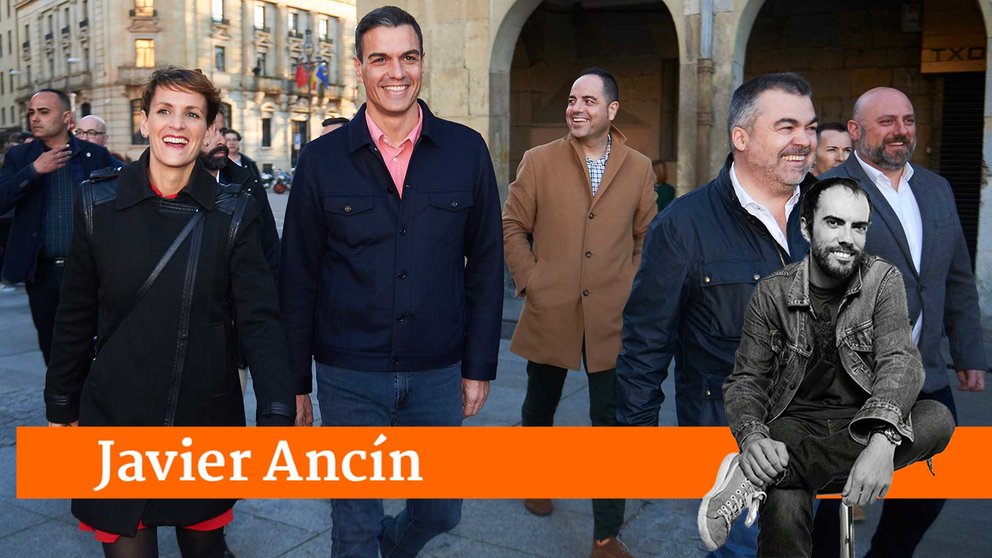 El Presidente del Gobierno de España, Pedro Sanchez, pasea por Pamplona junto a María Chivite y Santos Cerdán. ÍÑIGO ALZUGARAY