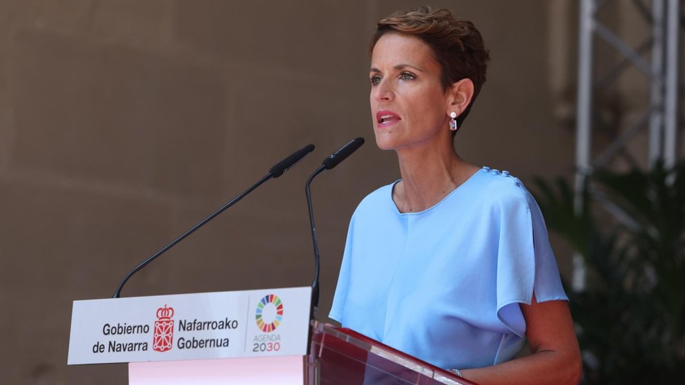 María Chivite, presidenta en funciones del Gobierno de Navarra, en su intervención en el acto de entrega del Premio Príncipe de Viana de la Cultura 2023. - GOBIERNO DE NAVARRA