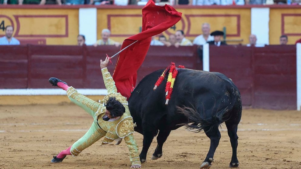 El diestro Morante de la Puebla sufre una cogida durante la corrida de la Feria Taurina de Badajoz, con reses de la ganadería de Núñeza del Cuvillo, este sábado en la capital pacense. EFE/ Jero Morales