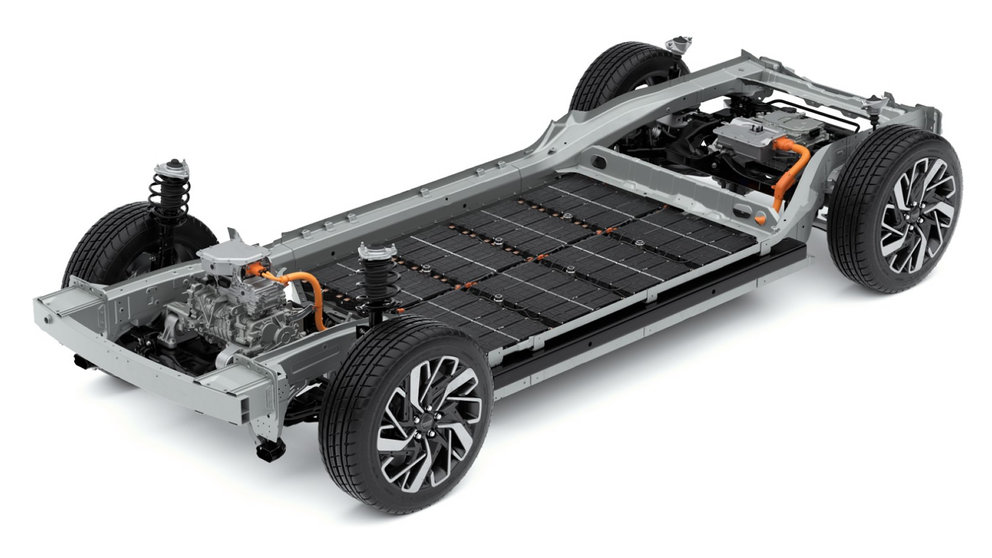 Recreación de unas baterías eléctricas montadas sobre el chasis de un vehículo. HYUNDAI MOBIS