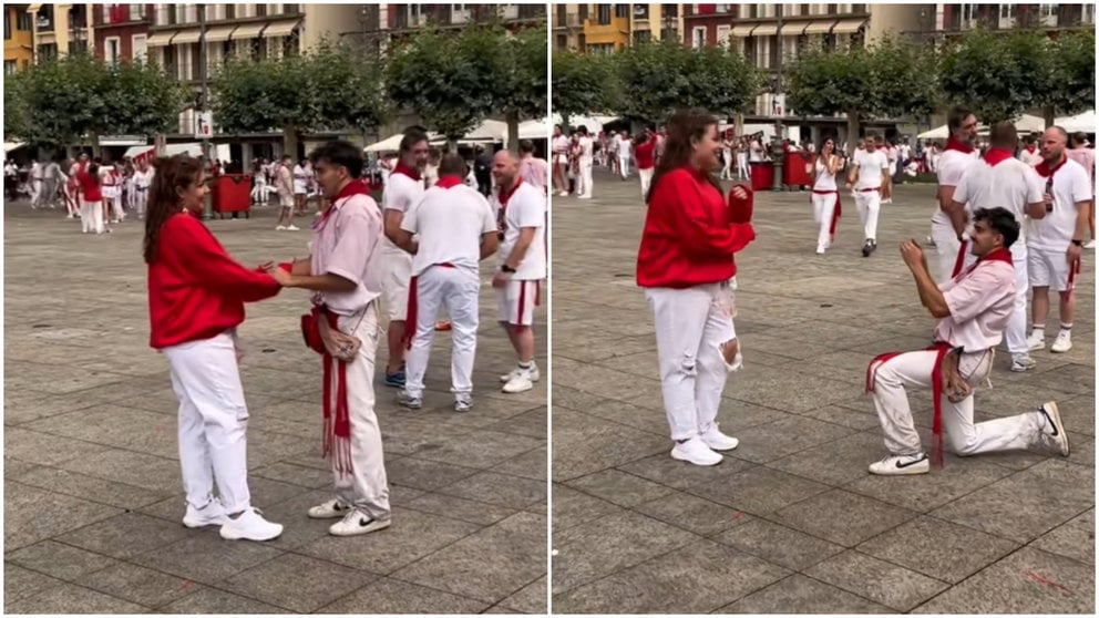 Una pedida de mano sorprende en mitad de la plaza del Castillo en San Fermín. NAVARRA.COM