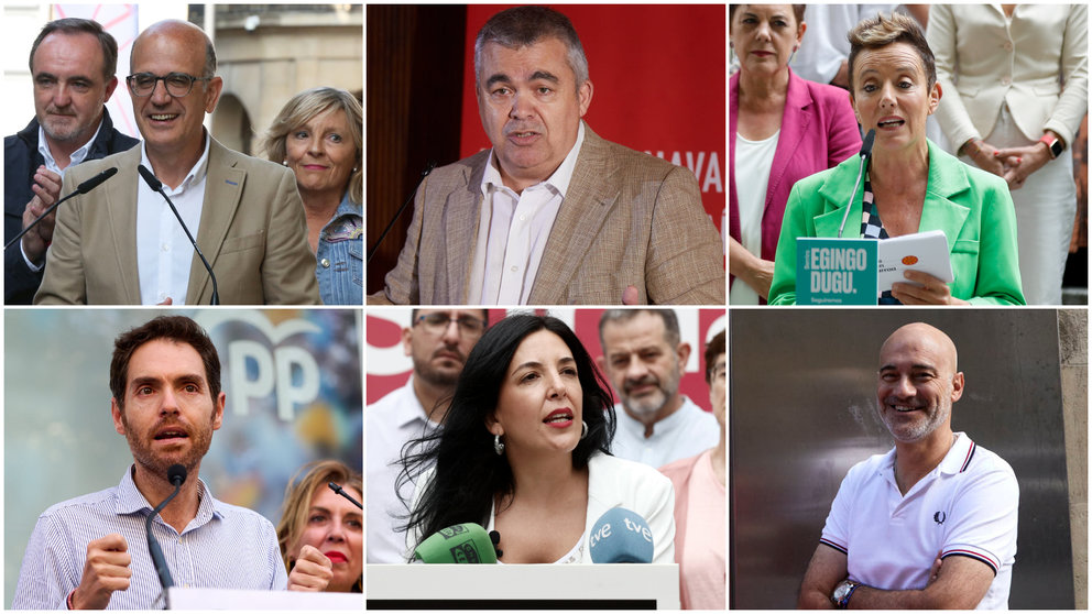 Los principales candidatos al Congreso por Navarra: Alberto Catalán (UPN), Santos Cerdán (PSN), Bel Pozueta (Bildu), Sergio sayas (PP), Idoia Villanueva (Sumar) y Eduardo Gutiérrez de Cabiedes (VOX).