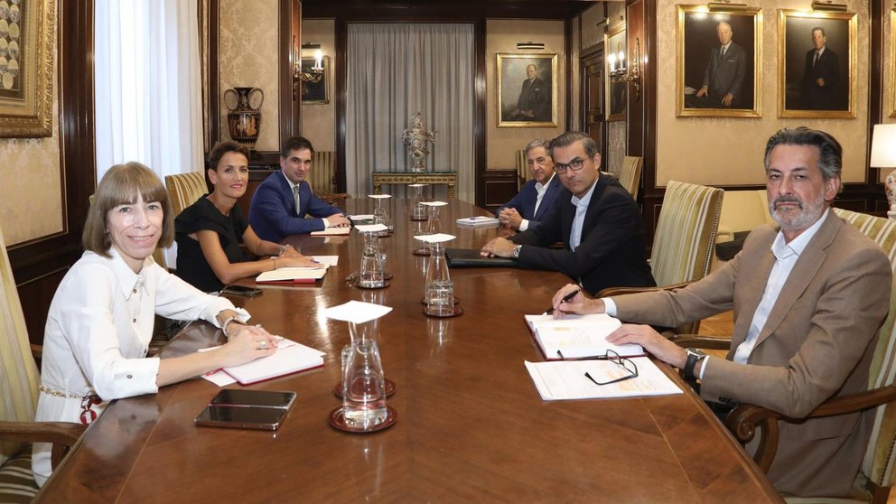 La presidenta de Navarra, María Chivite, y el presidente de Volkswagen Navarra, Michael Hobusch, junto a sus equipos, en una reunión en el Palacio de Navarra. - GOBIERNO DE NAVARRA