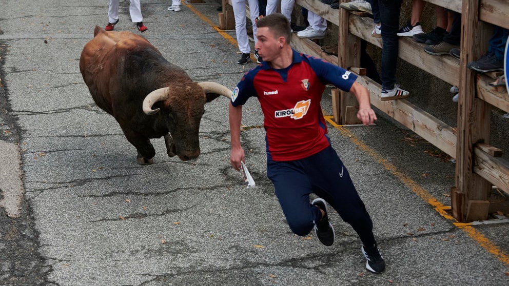 Primer encierro de las fiestas de Sangüesa 2023 con toros de Aldeanueva. IRANZU LARRASOAÑA