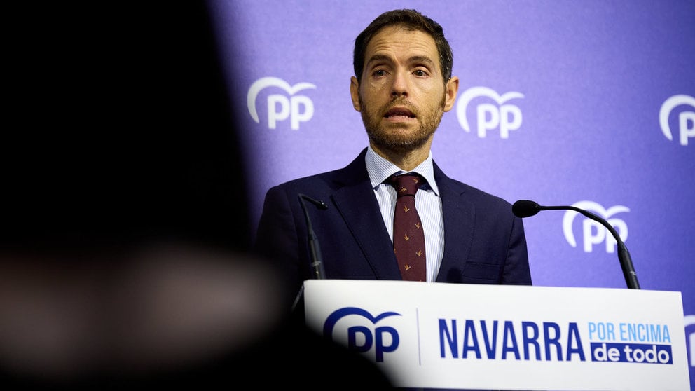 El diputado del PP por Navarra, Sergio Sayas, ofrece una rueda de prensa para tratar asuntos de actualidad política. IÑIGO ALZUGARAY