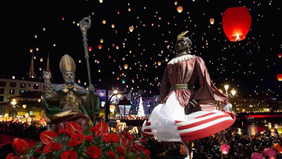 Fotomontaje de una imagen de San Saturnino y del gigante "Braulia" sobre una noche de Navidad en la localidad hermanada de Bayona.
