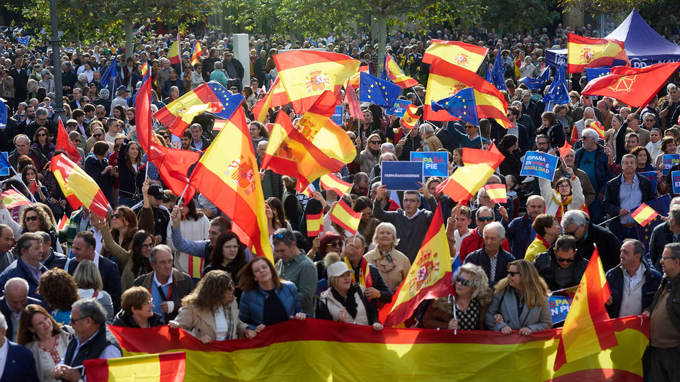 Concentración en la Plaza del Castillo de Pamplona convocada por el PP en Navarra contra los acuerdos de Pedro Sánchez para formar gobierno en España. IÑIGO ALZUGARAY