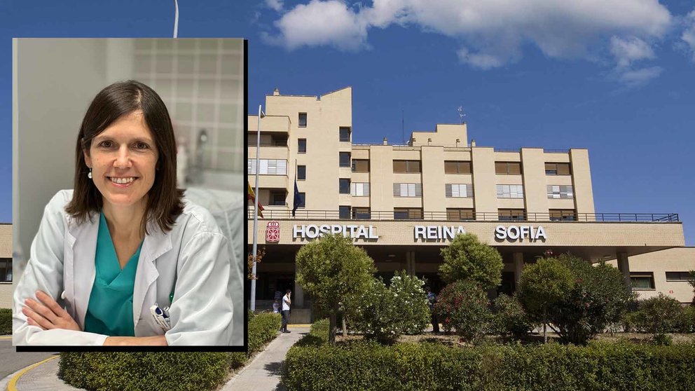 Ana Campillo, gerente del área de Salud de Tudela sobre una imagen del Hospital Reina Sofía.