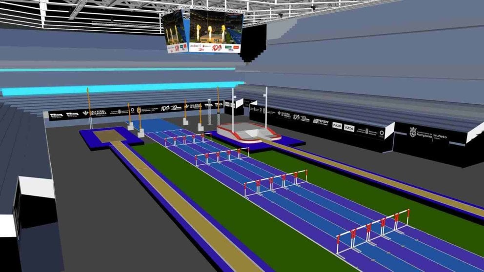 Render de cómo quedará la pista del navarra Arena para la celebración del Navarra Indoor Athletics. CEDIDA