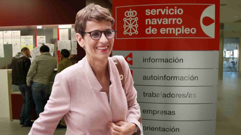 Fotomontaje de la presidenta María Chivite en una oficina del Servicio Navarro de Empleo.