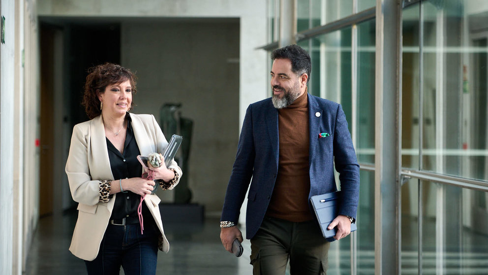 Ainhoa Unzu y Ramón Alzórriz, del PSN, en su llegada a la Mesa y Junta de Portavoces. PABLO LASAOSA
