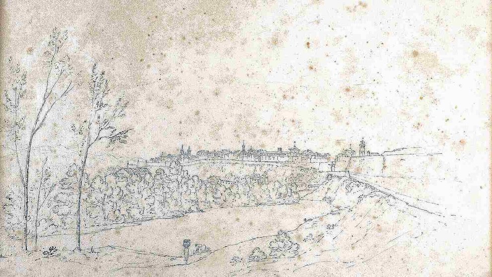 Vista de Pamplona en 1818 en un dibujo realizado por la dibujante inglesa Ane Fortescue y recién donado al Archivo de Navarra. GOBIERNO DE NAVARRA
